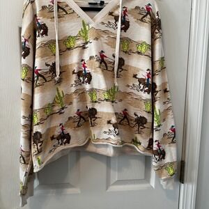 Cruel Denim Western Cowboy Cactus Print Hoodie Sweatshirt Women's Large NWOT